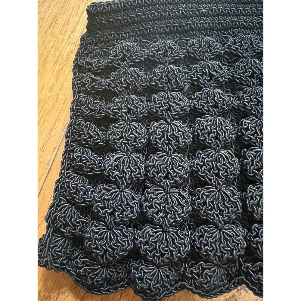 Vintage 1940s Black Crochet Corde Purse Popcorn Stitch Gimp Evening Bag Clutch